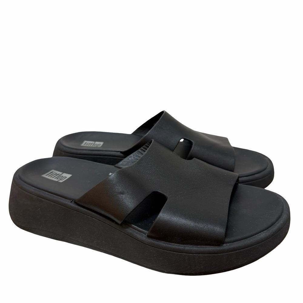 FitFlop F-Mode Leather Platform Cross Slide Womens US 6 Black Comfort Sandals
